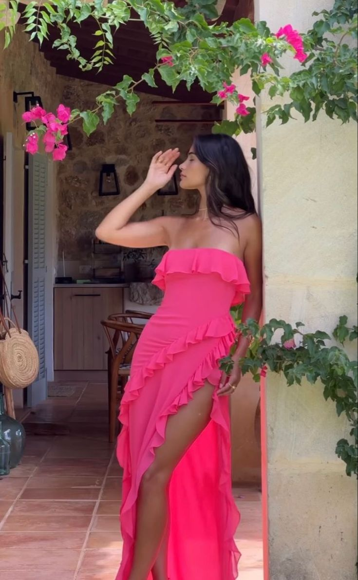 Sexy Strapless Ruffle Slit Prom Dress,Hot Pink Party Evening Dress cc2544