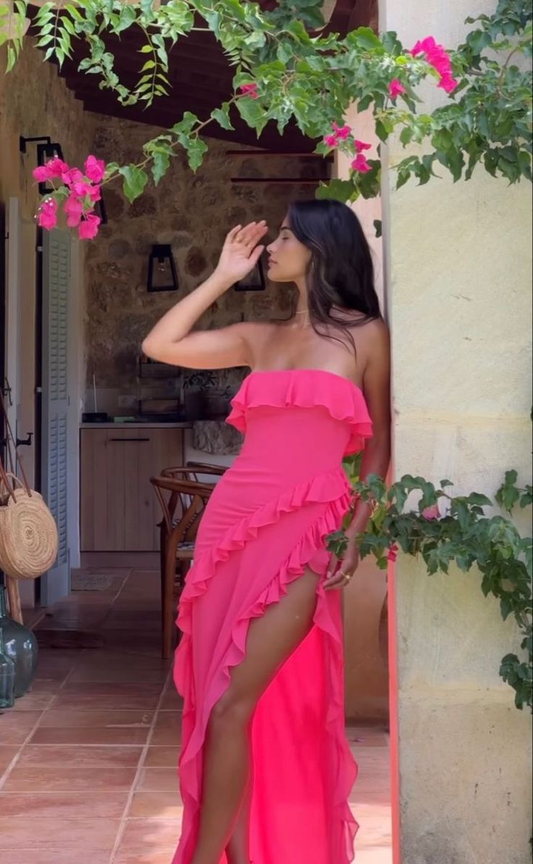 Sexy Strapless Ruffle Slit Prom Dress,Hot Pink Party Evening Dress cc2544