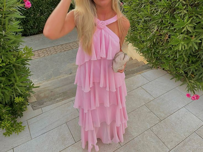 Women's Pink A-line Tiered Prom Dress,Pink Backless Evening Dress cc1207