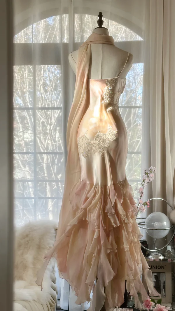 Charming Mermaid Beaded Ruffles Prom Dress,Chiffon Evening Dress cc3007