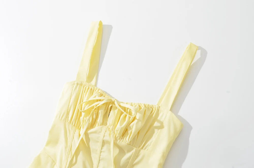 Yellow Ruched Bow Backless Sexy Midi Prom Dress cc669