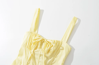 Yellow Ruched Bow Backless Sexy Midi Prom Dress cc669