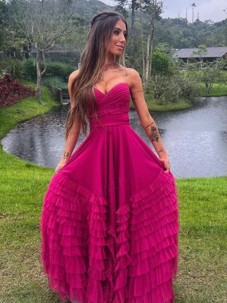 Pink Sweetheart Multilayer Prom Dress Strapless A-line Tulle Maxi Dress cc1051