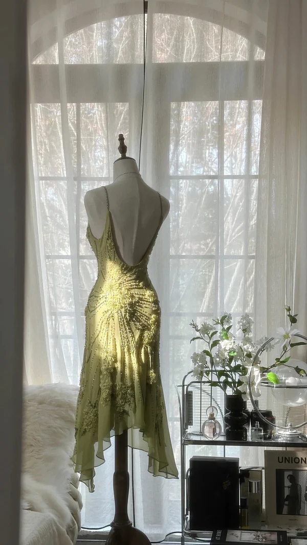 Vintage Green Chiffon Beaded Birthday Dress Homecoming Dress cc3037