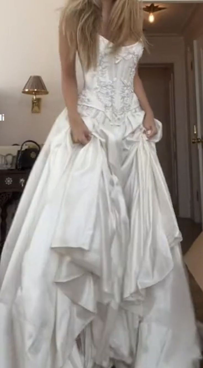 Charming Beaded Satin A Line Slit Prom Dress White Wedding Dress cc1430