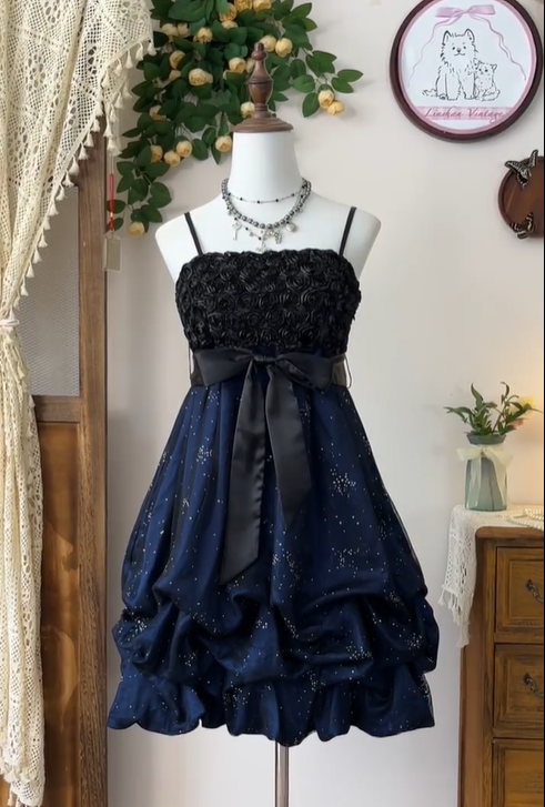 Vintage Spaghetti Straps Rose Flowers Cocktail Dress Navy Blue A Line Homecoming Dress cc3112