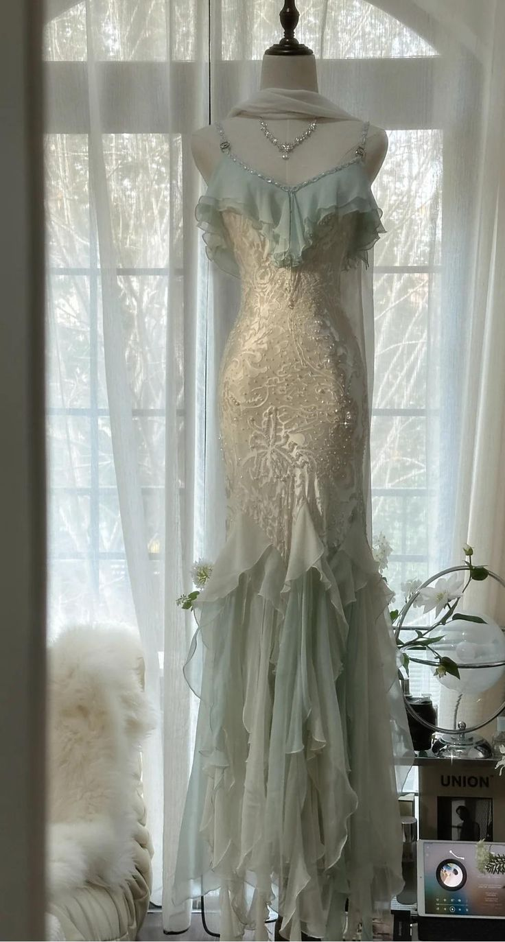 Classy Light Green Chiffon Beaded Mermaid Prom Dress,Spaghetti Straps Party Evening Dress cc2966