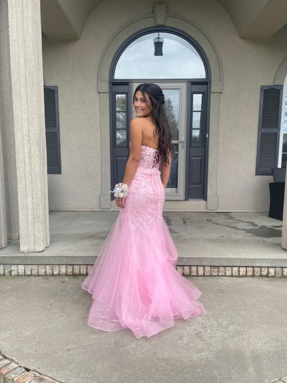 Pink Strapless Tulle Appliques Mermaid Long Prom Dress cc940