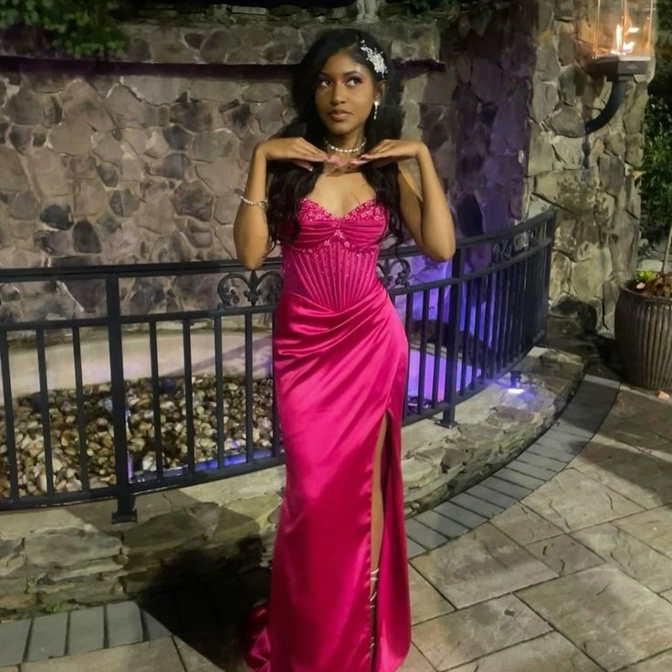 Cute Hot Pink Mermaid Slit Prom Dress Pleated  Party Evening Dress cc2316