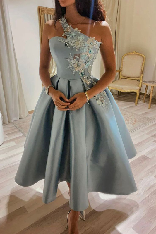 Cute One Shoulder Satin Lace Short Prom Dress, A-Line Party Dress cc881
