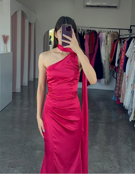 Gorgeous Hot Pink One Shoulder Satin Long Prom Dress,Mermaid Party Evening Dress cc2862