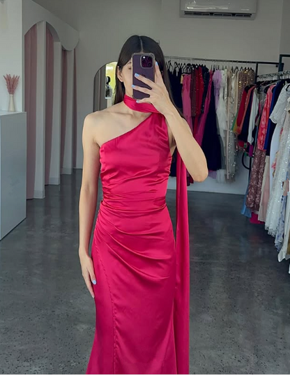 Gorgeous Hot Pink One Shoulder Satin Long Prom Dress,Mermaid Party Evening Dress cc2862