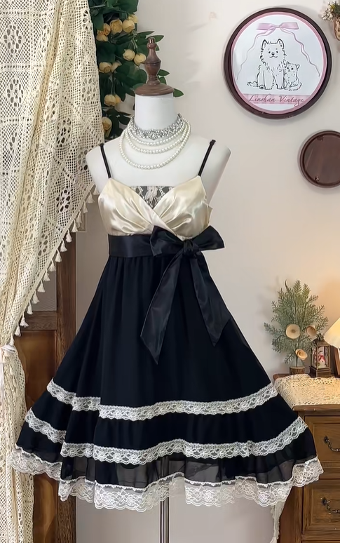 Vintage Spaghetti Straps Chiffon Lace A Line Homecoming Dress Black Cocktail Dress cc3089