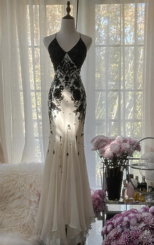 Ivory Mermaid Chiffon Appliques Beaded Prom Dress Spaghetti Strap Party Gown cc3020