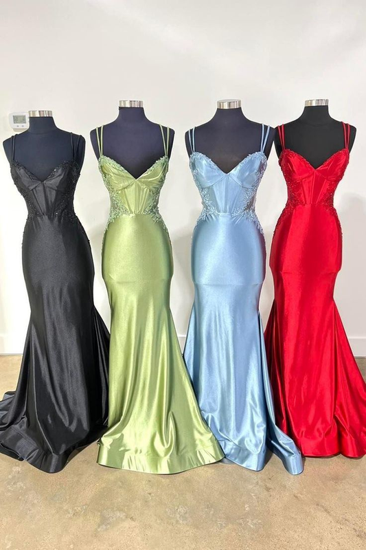 Fashion Spaghetti Straps Appliques Beaded Mermaid Evening Dress V Neck Party Gown cc2036