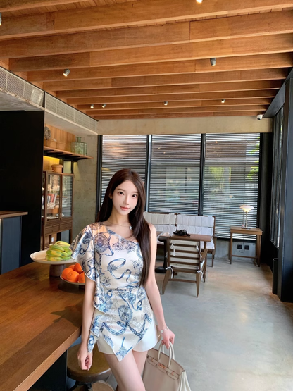 Off-shoulder Irregular Satin Print Hot Girl Sexy Mini Dress cc3067
