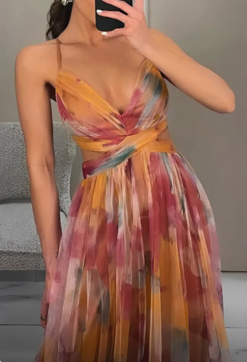 Beautiful Straps Tulle Print Long Prom Dress Formal A Line Evening Dress cc2188