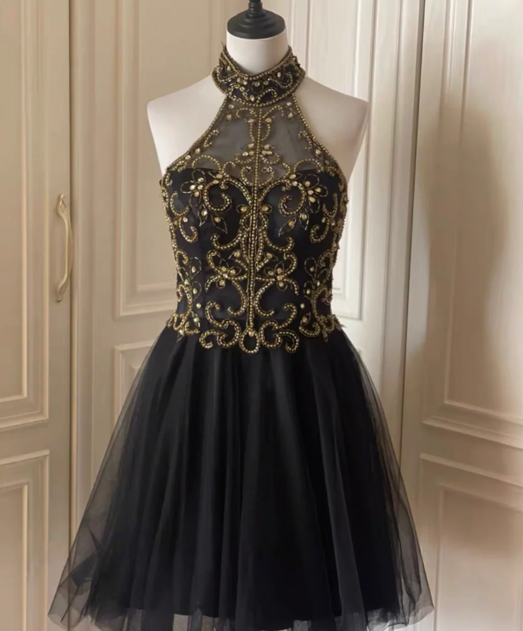 Charming Sleeveless Halter Tulle Beaded Cocktail Dress Black Homecoming Dress Birthday Outfits cc3176