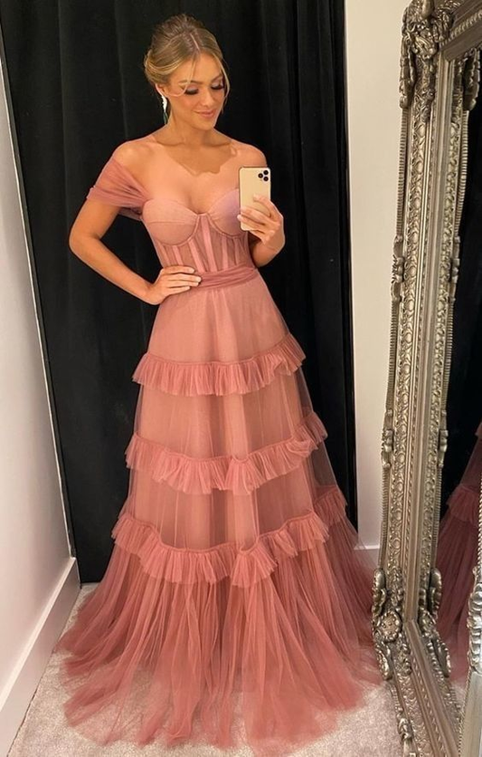 A-Line Off the Shoulder Long Tulle Prom Dress cc1285