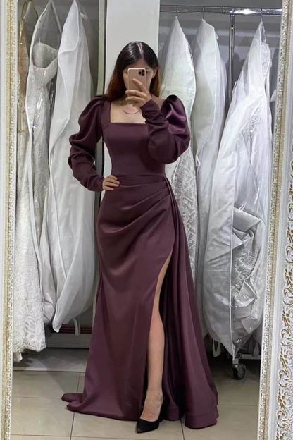 Long Puff Sleeves Mermaid Prom Dress With Split cc916