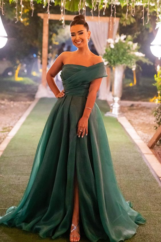 Dark Green Strapless One Shoulder Front Split Evening Dress With Bowknot cc900