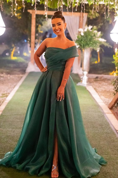 Dark Green Strapless One Shoulder Front Split Evening Dress With Bowknot cc900