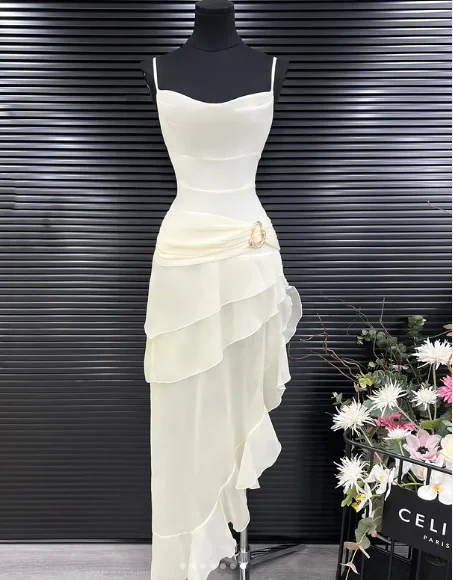 Elegant White Chiffon Spaghetti Straps Ruffles Evening Dress Long Party Prom Dress  cc1863