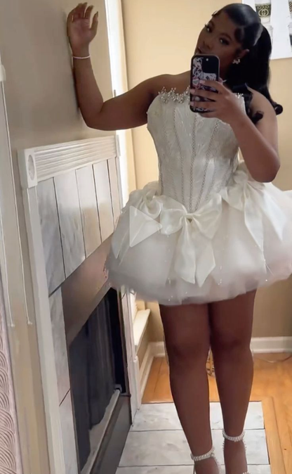 Charming Strapless Tulle Sequin Beaded Birthday Outfits White Graduation Homecoming Dress cc3156