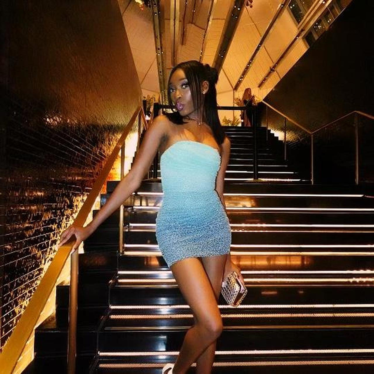 Sparkly Ombre Blue Sequin Sheath Cocktail Dress Strapless Short Homecoming Dress cc3382