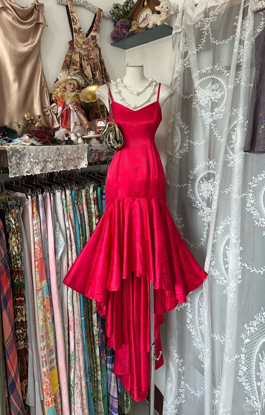Vintage Red Spaghetti Straps Mermaid Party Dress Birthday Dress cc3143