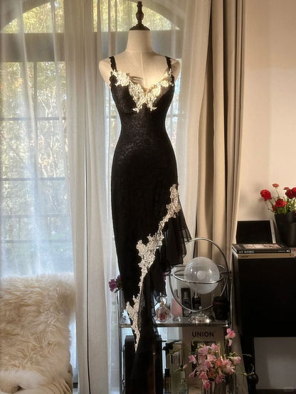 Classy Spaghetti Strap Black Lace Appliques Party Dress Prom Dress cc3023