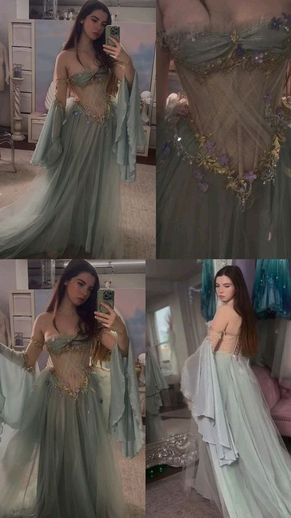 Classy Gray Blue Tulle Appliques Evening Dress,Off Shoulder Prom Party Gown cc2635
