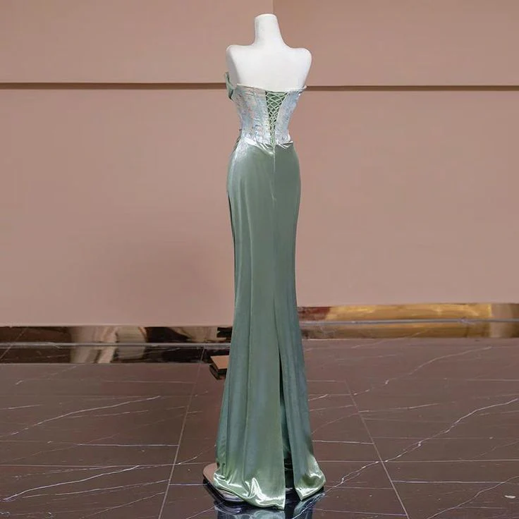 Elegant Light Green Satin Long Prom Dress Strapless Party Evening Dress cc2441