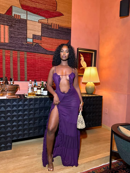 Sexy Slit Ruffles Party Dress,Purple Evening Dress cc2678