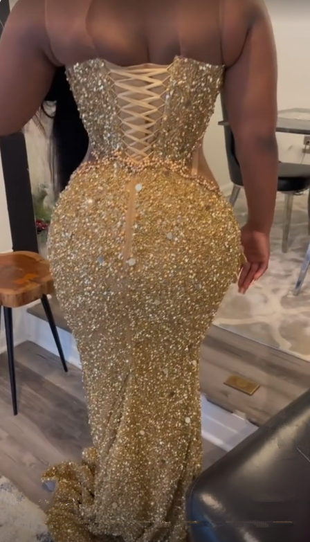 Gorgeous Gold Sequins Appliques Prom Dress Formal Mermaid Evening Dress cc2323
