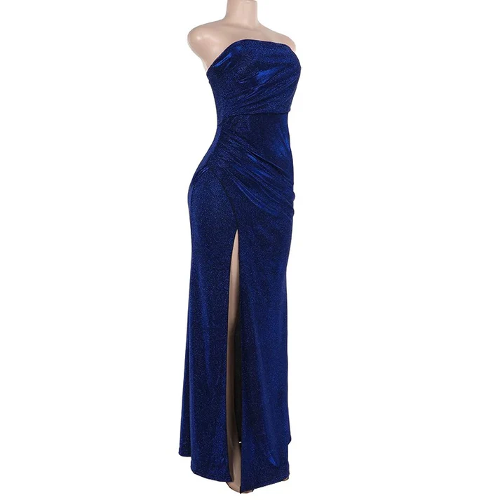 Vintage Blue Sheath Slit Evening Gown Strapless Prom Party Dress cc2297