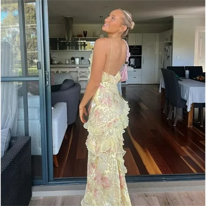 Charming Pink Print Chiffon Ruffles Party Evening Dress Long Prom Dress cc1809