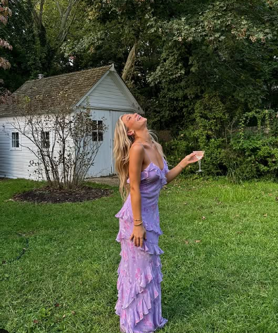 Elegant Purple Chiffon Print Floral Evening Dress,Ruffle Long Party Prom Dress cc2727