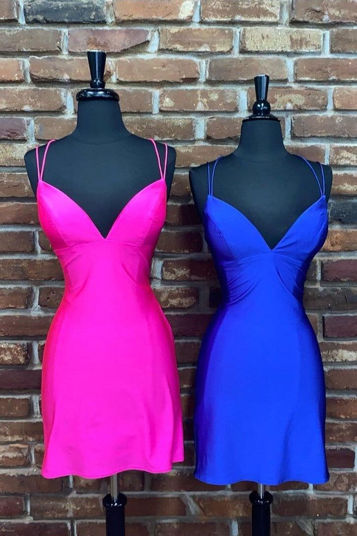 A-line V Neck Simple Homecoming Dress Straps Cute Party Dress Hot Pink Homecoming c3328