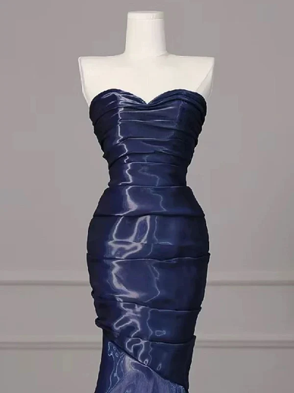 Gorgeous Strapless Navy Blue Evening Dress Ruched Mermaid Prom Party Dress cc2448