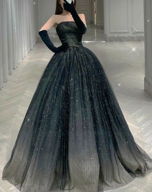 Stunning Black A-line Strapless Prom Dress,Gothic Ball Gown cc961