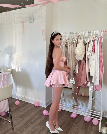 Pretty Pink A Line Satin Print Floral Birthday Dress Homecoming Dress cc2136