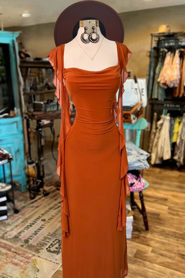 Elegant Orange Sheath Chiffon Ruffles Prom Dress,Long Party Evening Gown  cc2564