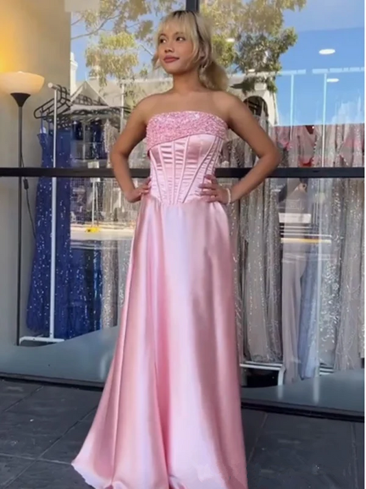 Pink Strapless Beaded Satin Party Dress A Line Prom Evening Dress cc2339