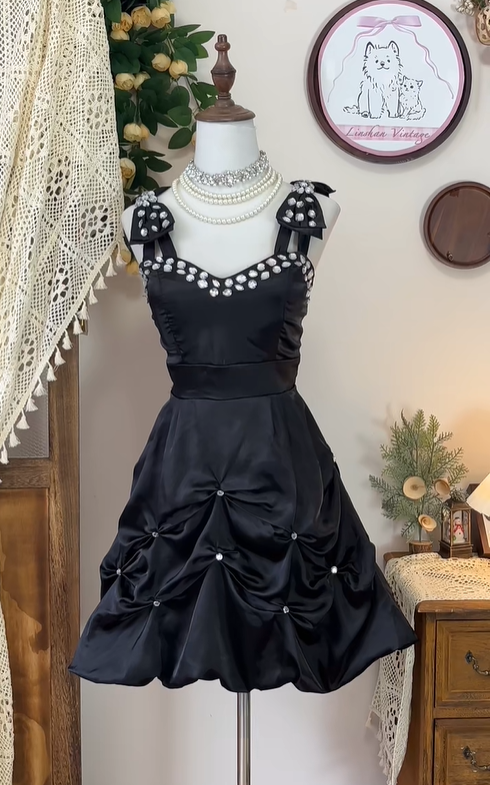 Vintage Satin Pleated A Line Homecoming Dress Black Birthday Dress cc3087