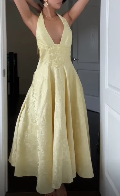 Deep V Neck Yellow Satin Print Floral Party Evening Gown Halter Prom Dress cc2187