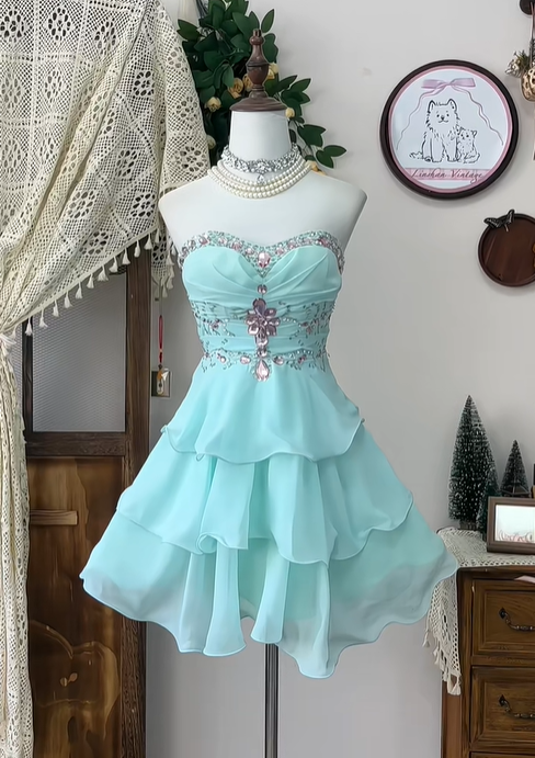 Elegant Strapless Chiffon Beaded A Line Mini Birthday Dress Blue Grade Homecoming Dress cc3110