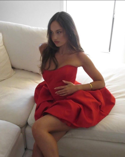 Cute Strapless Red Satin A Line Graduation Homecoming Dress Short Birthday Dress cc3297
