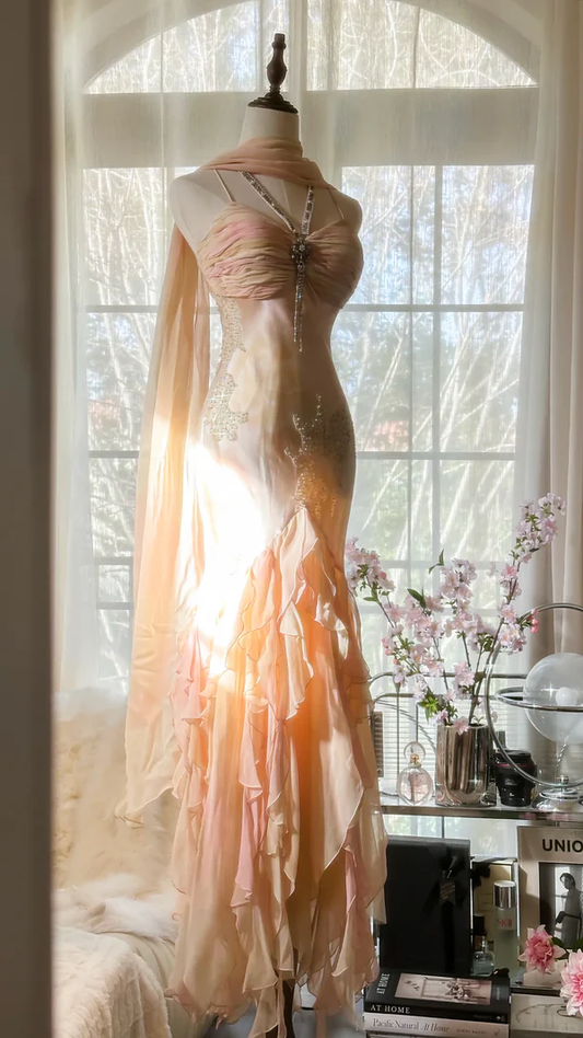 Charming Mermaid Beaded Ruffles Prom Dress,Chiffon Evening Dress cc3007