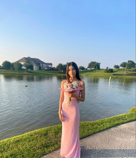 Pink Spaghetti Straps Long Prom Dress Open Back Party Evening Gown cc2263